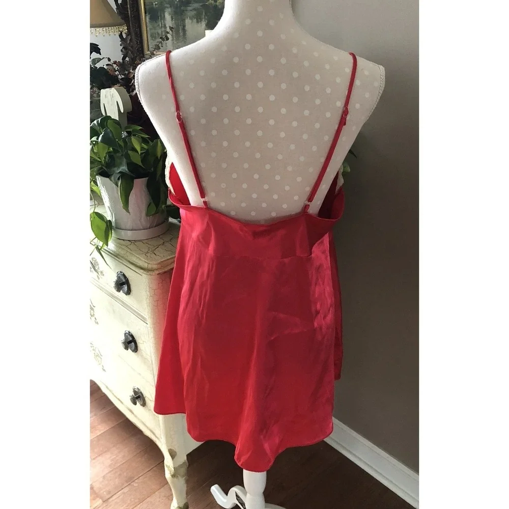 Vtg Secret Treasures Red Shiny Satin Polyester Lace Trim Nightie Sequins Women L - Picture 9 of 14